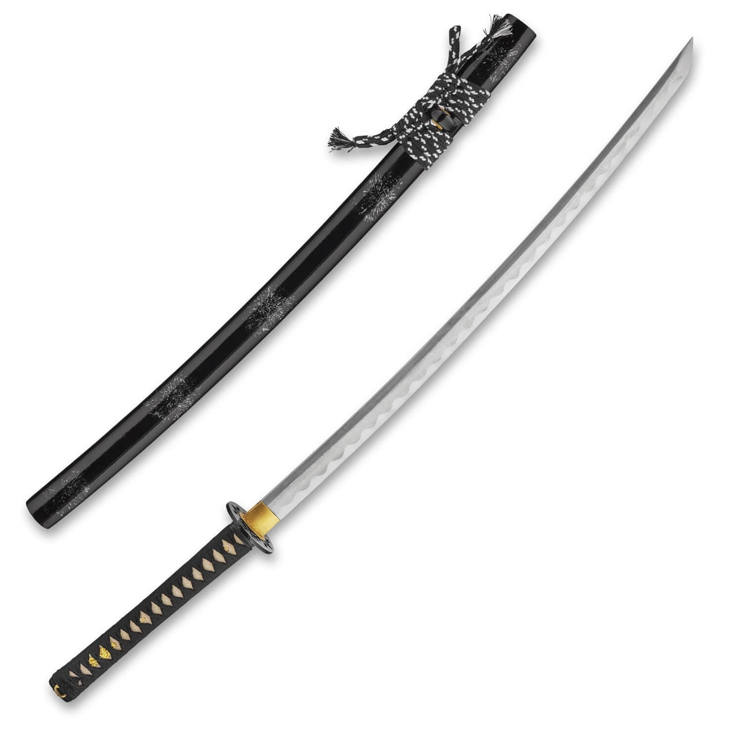 foto Kawashima Katana Tomomi z p�ekl�dan� oceli AISI 1045, �ern� saya s pampeli�kami